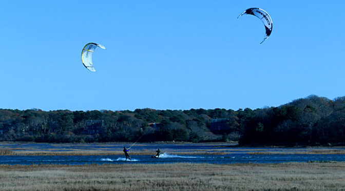 Kite Surfers At First Encounter Beach On Cape Cod.