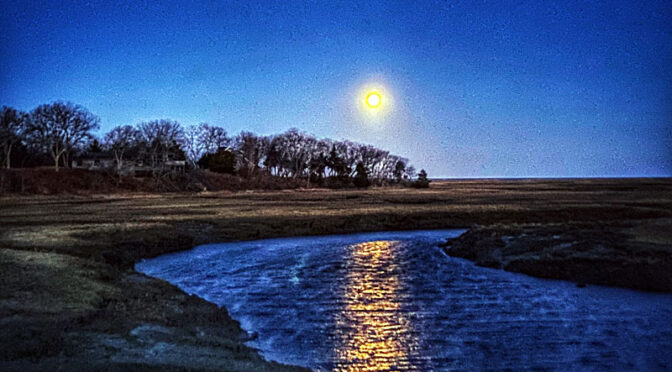 Full Moon Over The Salt Marsh On Cape Cod.